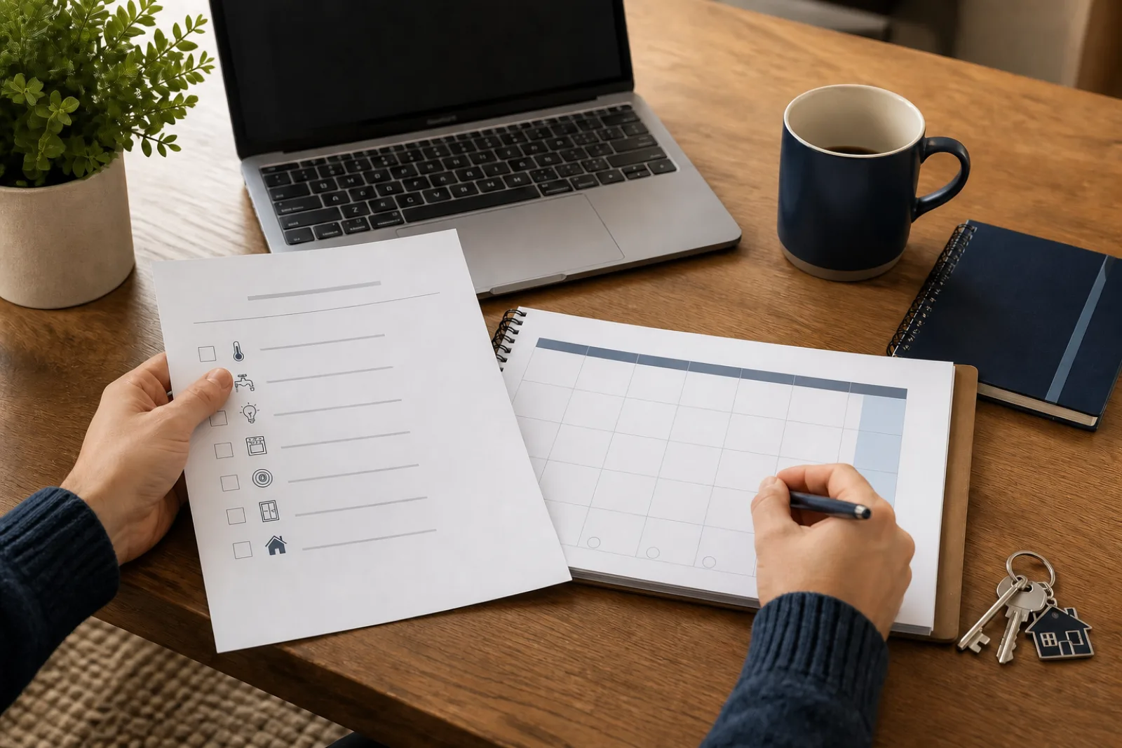 Property administration workspace with a maintenance checklist, calendar, laptop and house keys