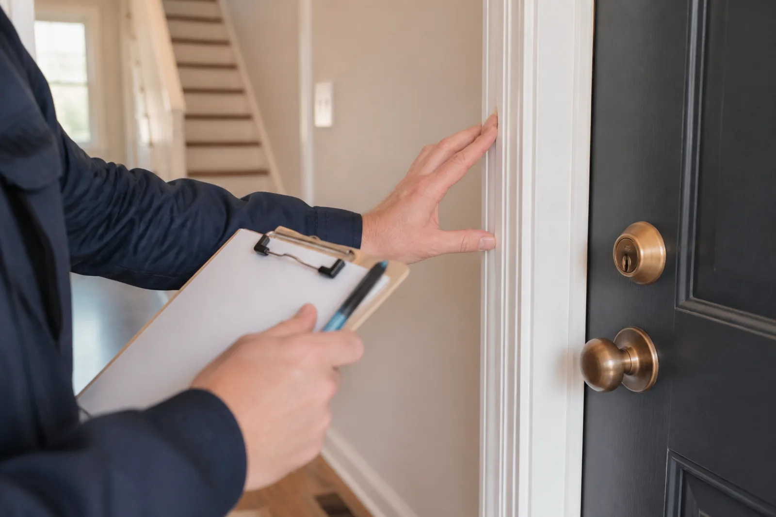 Property inspector documenting a residential front door and entryway