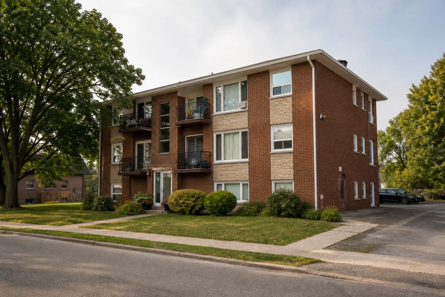 Illustrative small multi-unit residential building with brick exterior and balconies