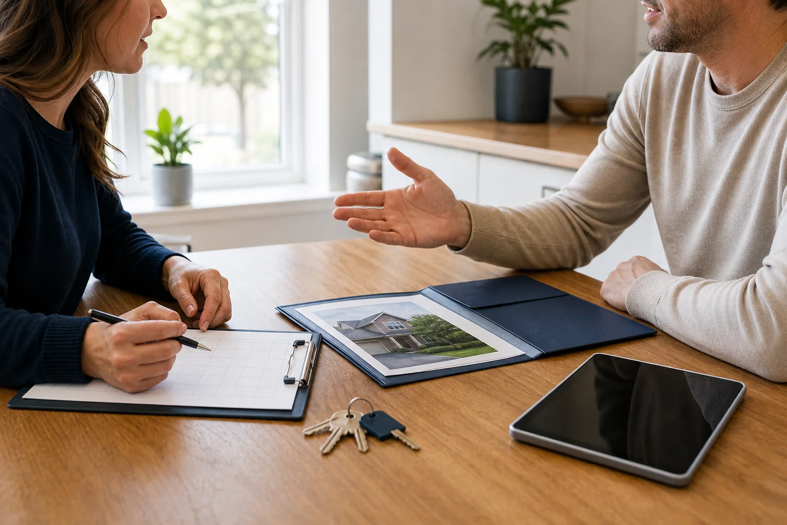 Illustrative consultation with property documents, a tablet, and house keys